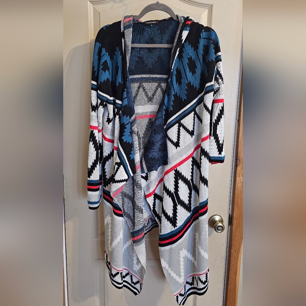 Heart Soul Large Aztec Hooded Shawl Cardigan Wrap Blue